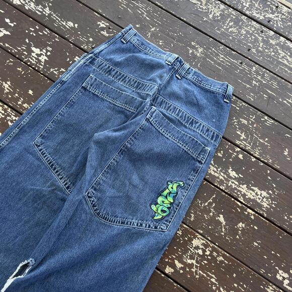 (32x28) Vintage 90s Y2K JNCO Jeans Scroll Embroidered Faded Distressed - Picture 3 of 8